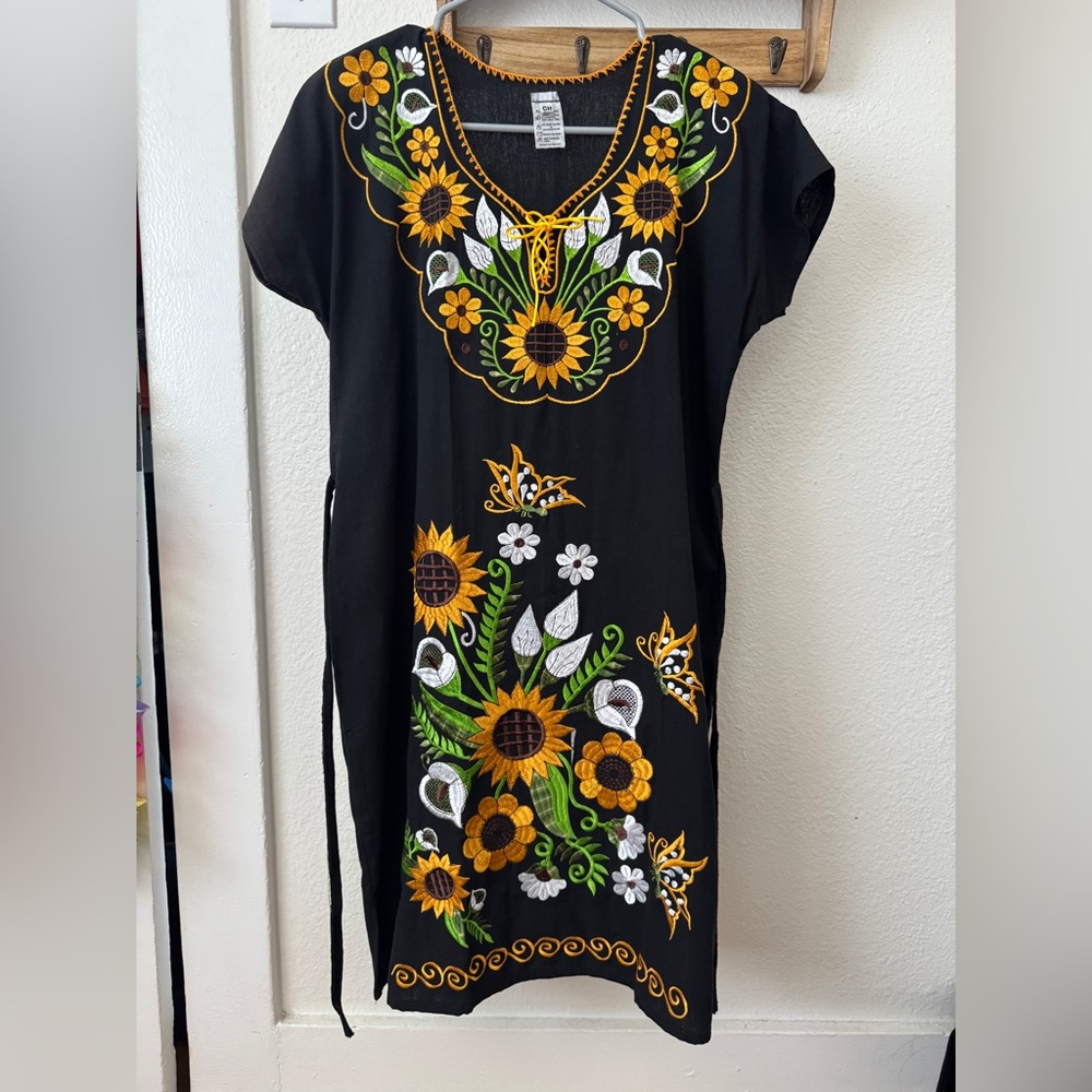 Authentic Mexican Floral Embroidered Black Dress vestido mexicano de girasoles
